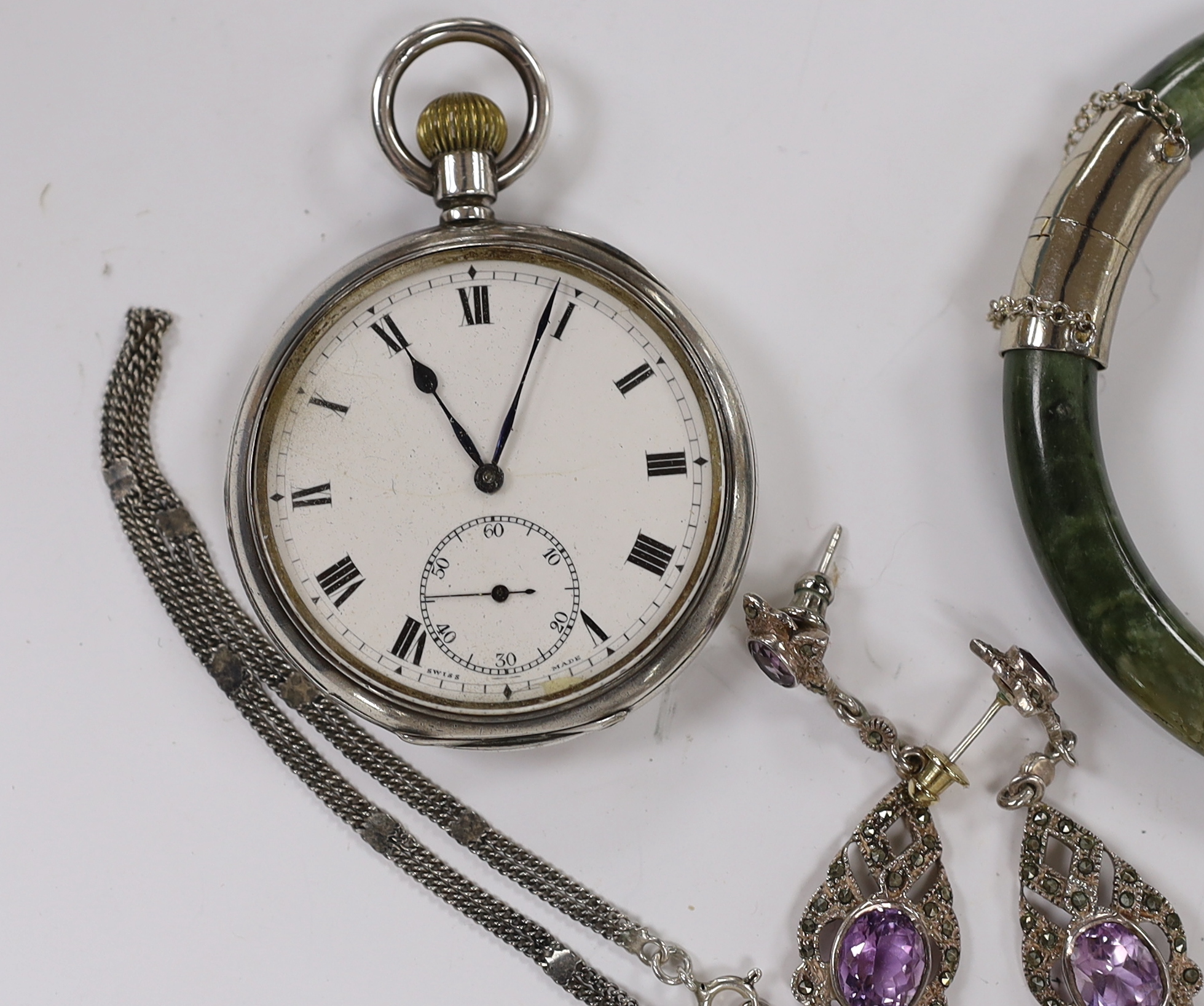 A Georg V silver Zenith open face keyless pocket watch, with Roman dial and subsidiary seconds, a 925, amethyst and marcasite set suite of jewellery and a white metal mounted jade bangle(a.f.).